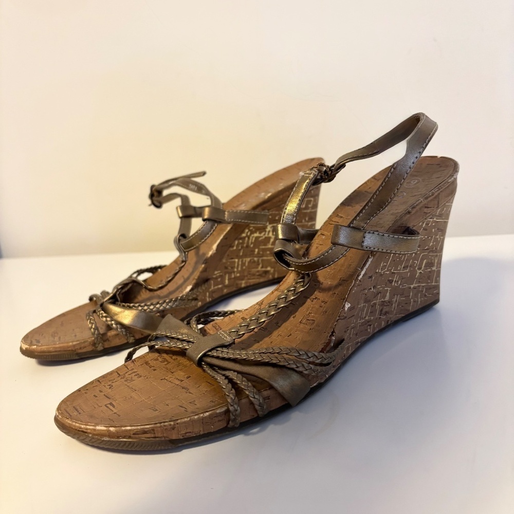 George Open Toe Strappy Wedge Sandals Cork Gold Bronze Womens US Shoe Size 9 - Picture 2 of 5